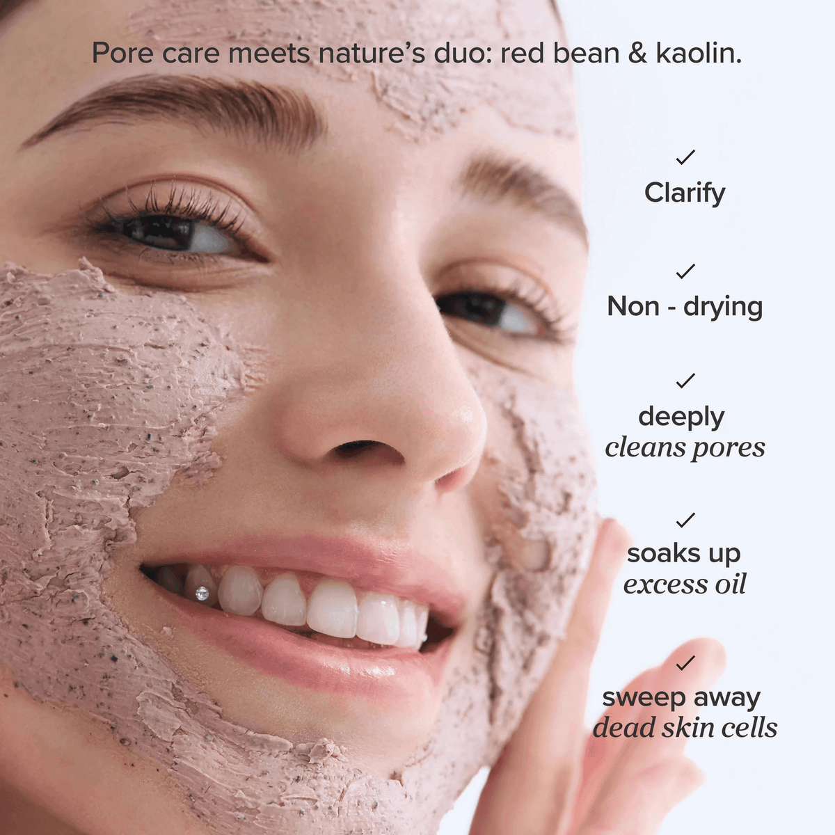 Beauty of Joseon Red Bean Refreshing Pore Mask applied on a woman's face for Korean skincare and deep cleansing.
