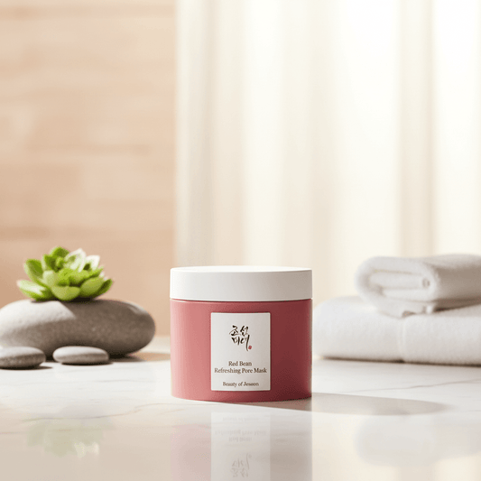 Beauty of Joseon Red Bean Refreshing Pore Mask on a spa table with stones and towels, showcasing Korean skincare benefits.