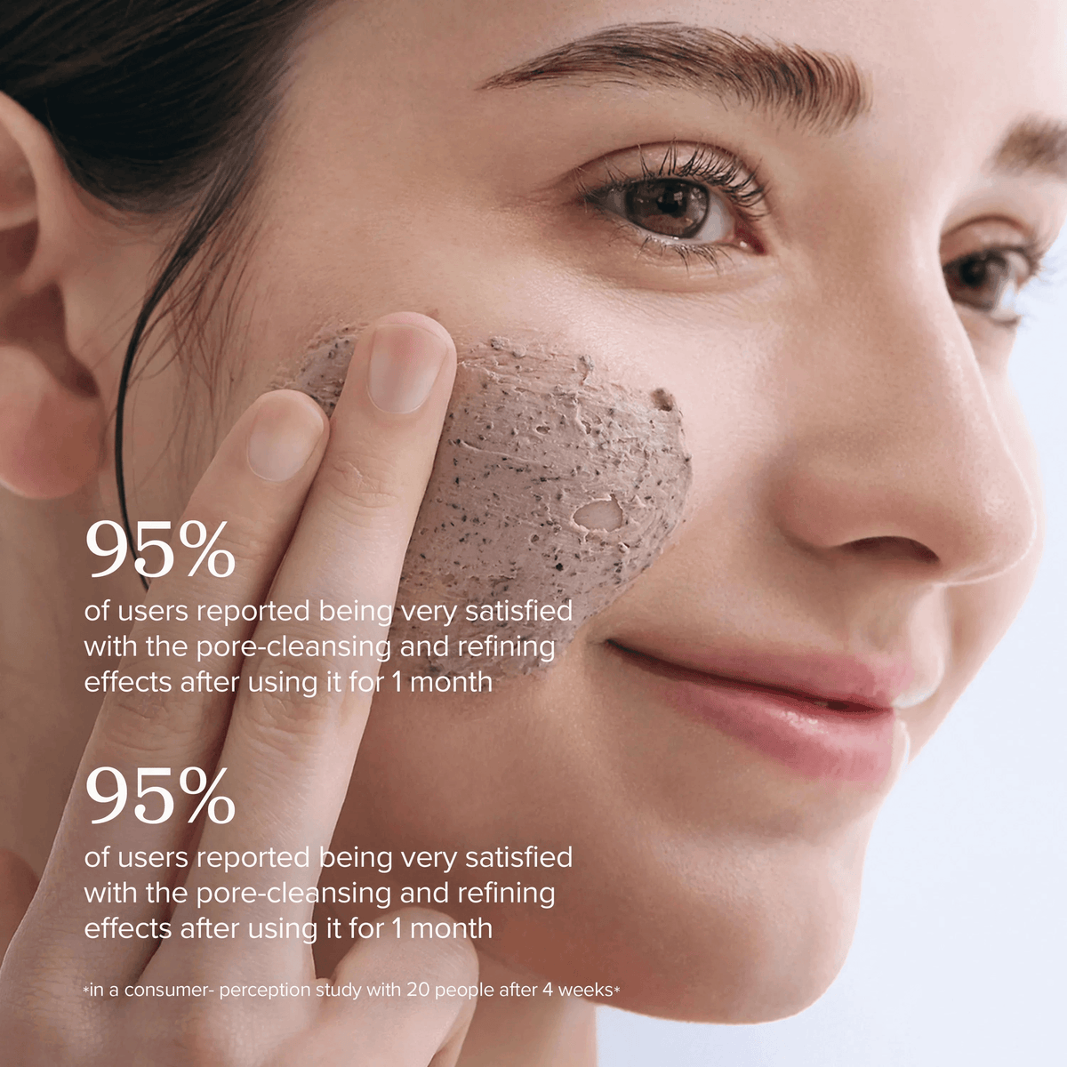 95% satisfaction rates shown on a model using Beauty of Joseon Red Bean Refreshing Pore Mask for effective skincare.