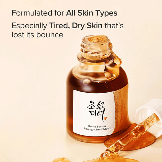 Beauty of Joseon Revive Serum: Ginseng + Snail Mucin in a bottle, designed for all skin types, especially tired dry skin.