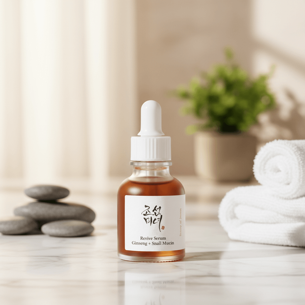 Beauty of Joseon Revive Serum: Ginseng + Snail Mucin in a serene setting with stones and towels, highlighting Korean skincare.