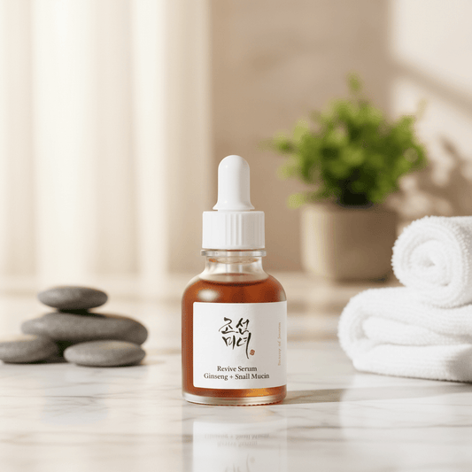 Beauty of Joseon Revive Serum: Ginseng + Snail Mucin in a serene setting with stones and towels, highlighting Korean skincare.