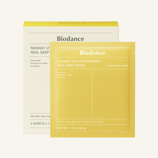 Biodance Radiant Vita Niacinamide Real Deep Mask | Korean Face Mask packaging featuring niacinamide and pineapple fruit water.