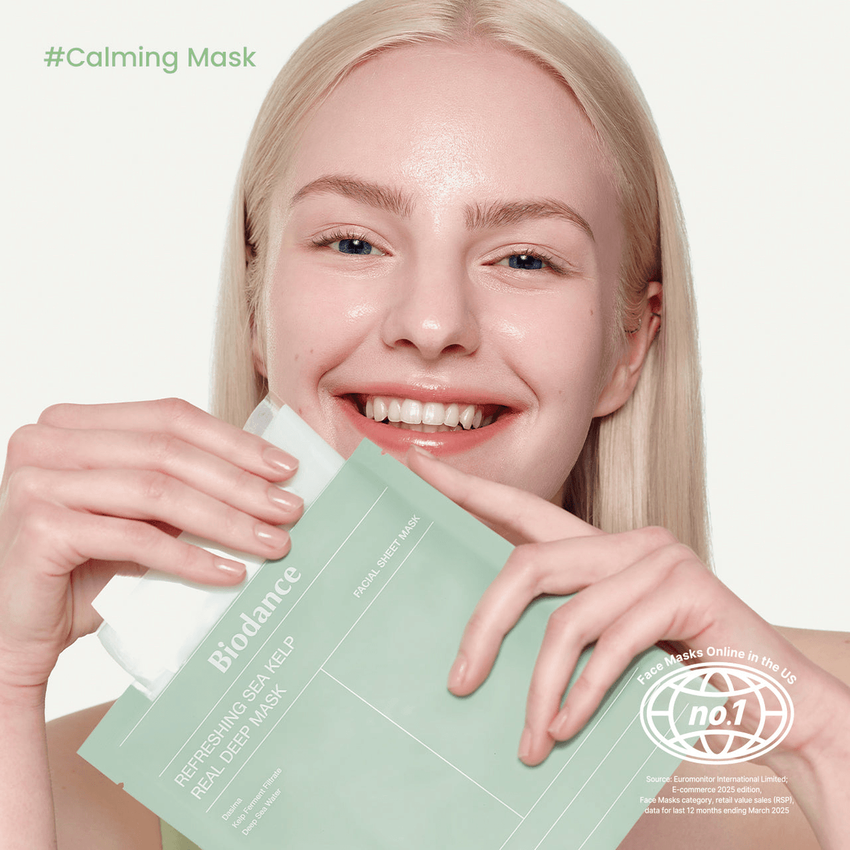 Biodance Refreshing Sea Kelp Real Deep Mask | Korean Face Mask held by a smiling woman with glowing skin.