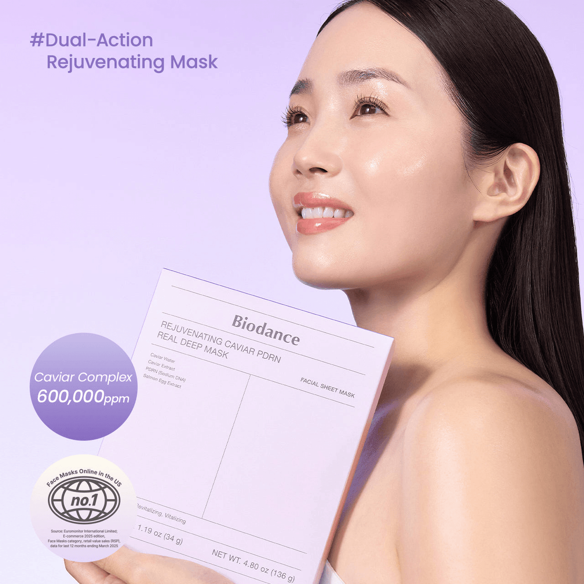 Biodance Rejuvenating Caviar PDRN Real Deep Mask | Korean Face Mask displayed by model, highlighting dual-action skincare benefits.