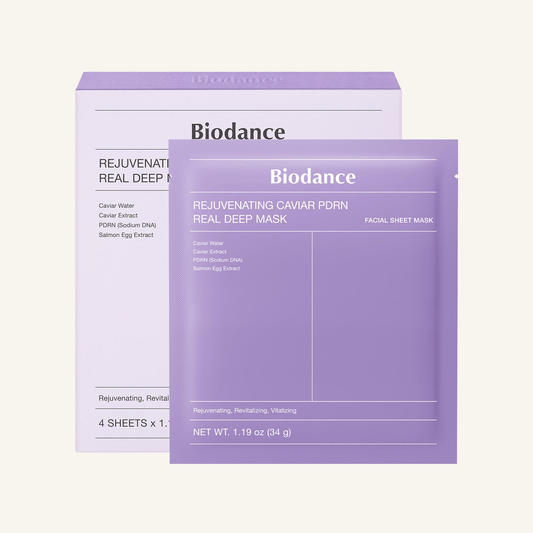 Biodance Rejuvenating Caviar PDRN Real Deep Mask | Korean Face Mask packaging, highlighting key ingredients.