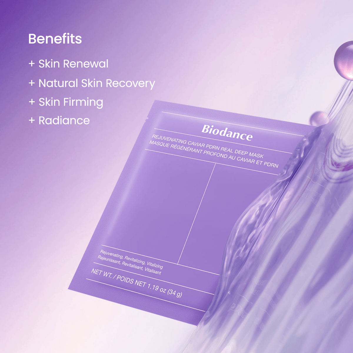 Biodance Rejuvenating Caviar PDRN Real Deep Mask | Korean Face Mask benefits including skin renewal, natural recovery, firming, and radiance.
