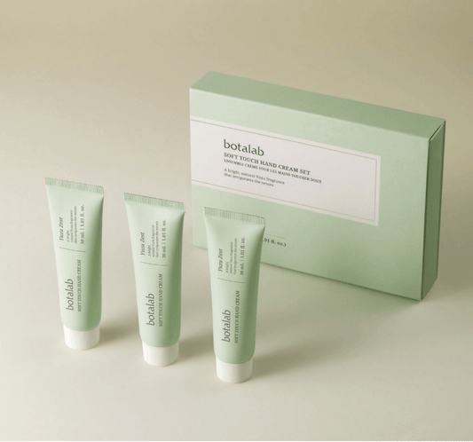 Botalab Soft Touch Hand Cream Yujuzest set of three tubes with packaging showcasing Korean skincare benefits.