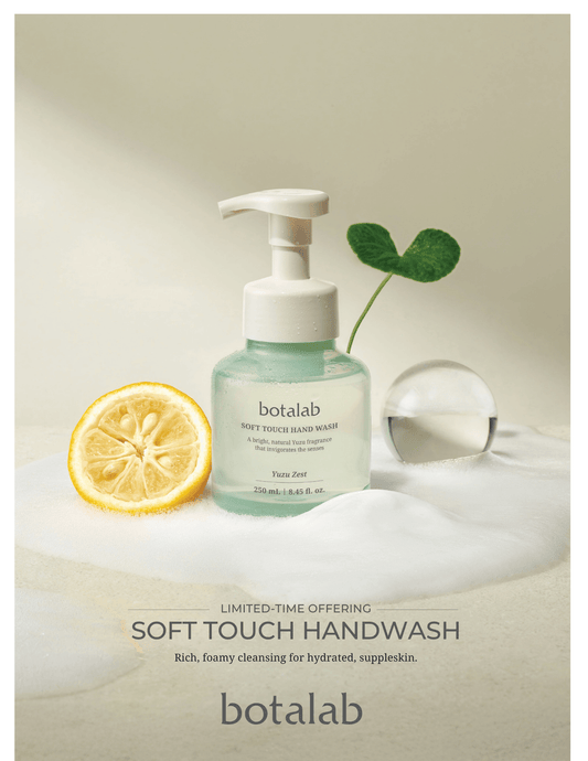 Botalab Soft Touch Handwash in Yuzu Zest with lemon slice for a refreshing hand-washing experience, promoting Korean skincare.