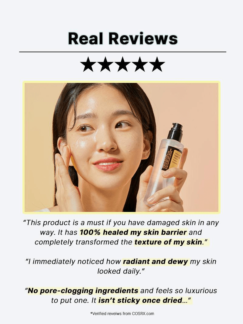 Woman showing COSRX Advanced Snail 96 Mucin Power Essence | Korean Moisturizer with glowing skin in a review.