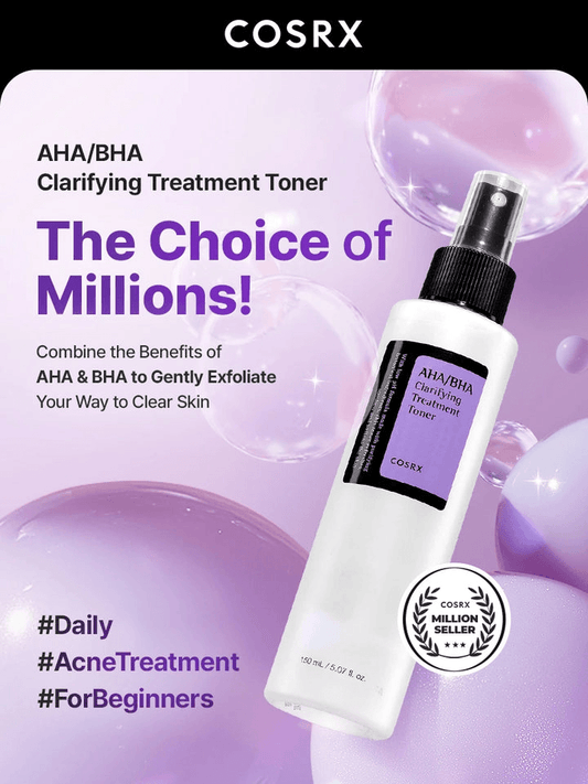 COSRX AHA/BHA Clarifying Treatment Toner | Korean Toners in a spray bottle against a colorful backdrop.