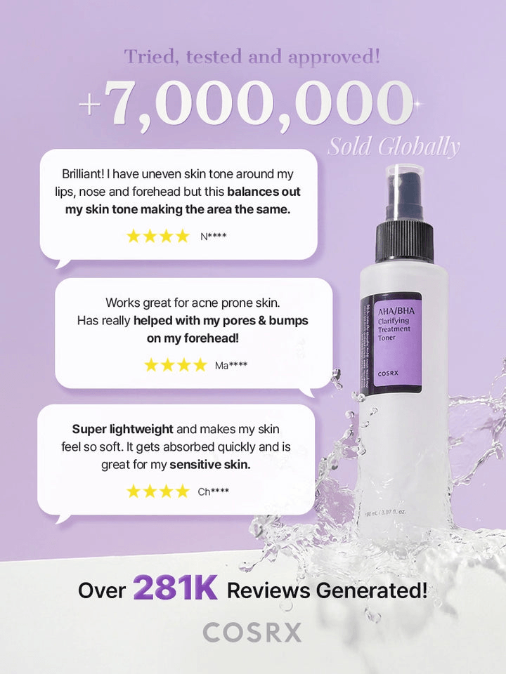 COSRX AHA/BHA Clarifying Treatment Toner | Korean Toners with customer reviews highlighting its benefits and effectiveness.
