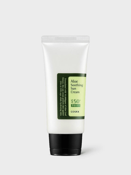 COSRX Aloe Soothing Sun Cream SPF50 | Korean Face Sunscreen in a tube with green label and black cap.