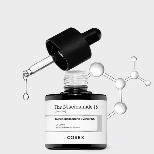 COSRX The Niacinamide 15 Serum with dropper and molecular structure backdrop