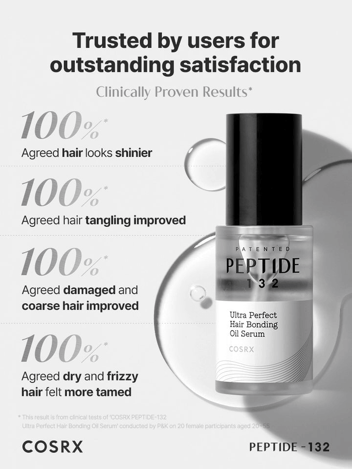 COSRX PEPTIDE-132 Ultra Perfect Hair Bonding Oil Serum | Korean Hair Care clinical results with 100% user satisfaction.
