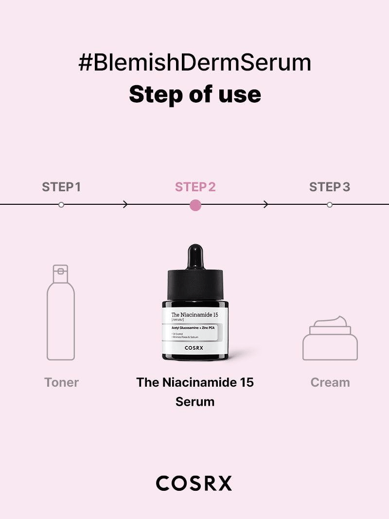 Step-by-step usage guide for COSRX The Niacinamide 15 Serum, highlighting application after toner and before cream.
