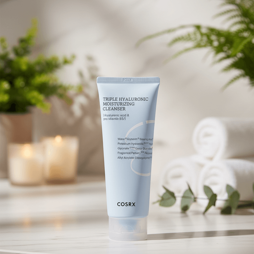 COSRX Triple Hyaluronic Moisturizing Cleanser in a light blue tube on a neutral background.