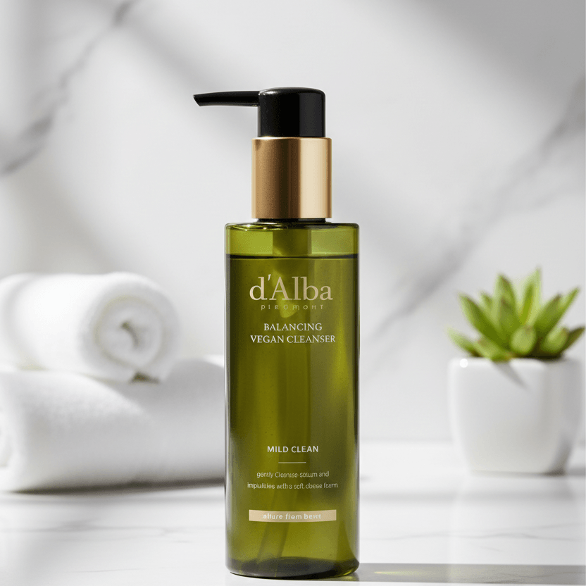 d'Alba Mild Skin Balancing Vegan Cleanser in a sleek bottle with a pump for easy dispensing, ideal for gentle skin cleansing.