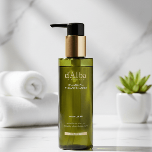 d'Alba Mild Skin Balancing Vegan Cleanser in a sleek bottle with a pump for easy dispensing, ideal for gentle skin cleansing.