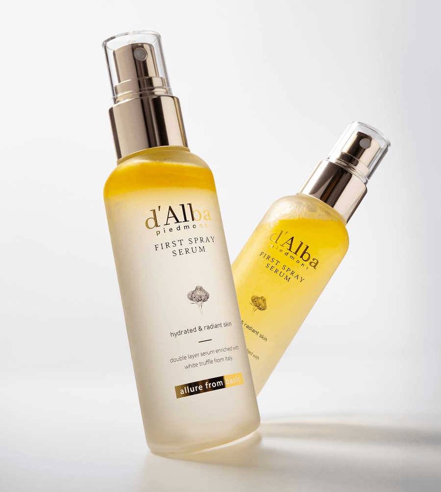 d'Alba White Truffle First Spray Serum bottles showcasing hydration and radiance for revitalized skin.