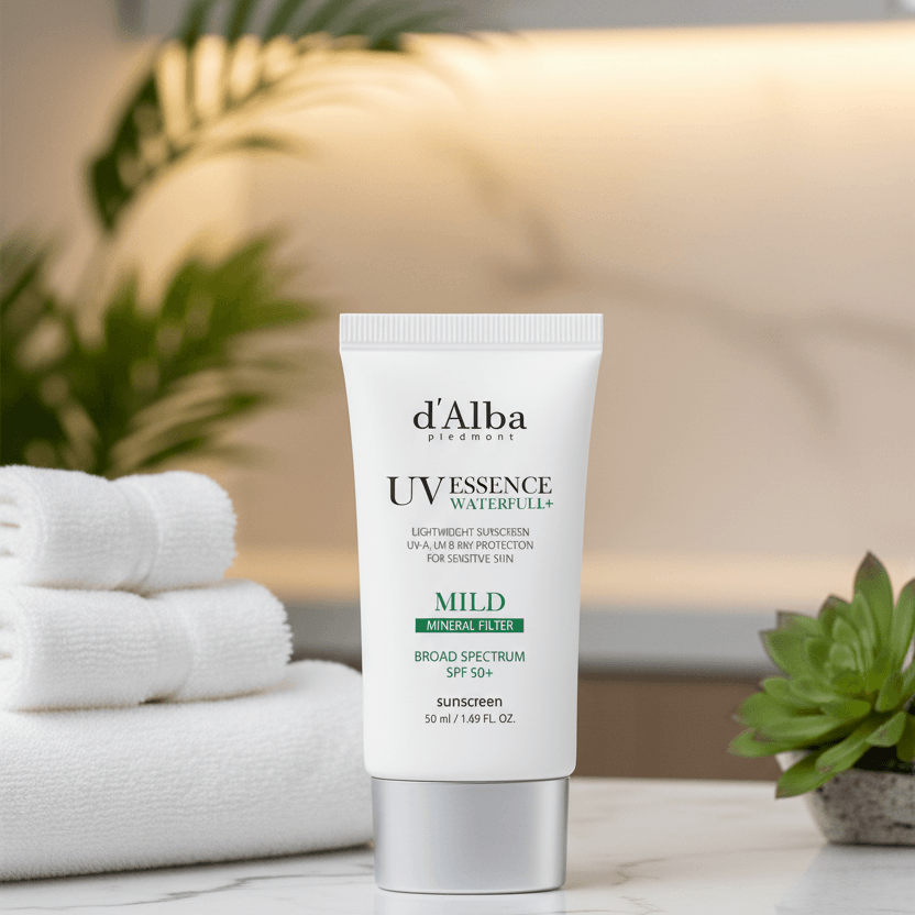 d'Alba White Truffle Waterfull Mild Sunscreen SPF 50 tube for sensitive skin with strong UV protection