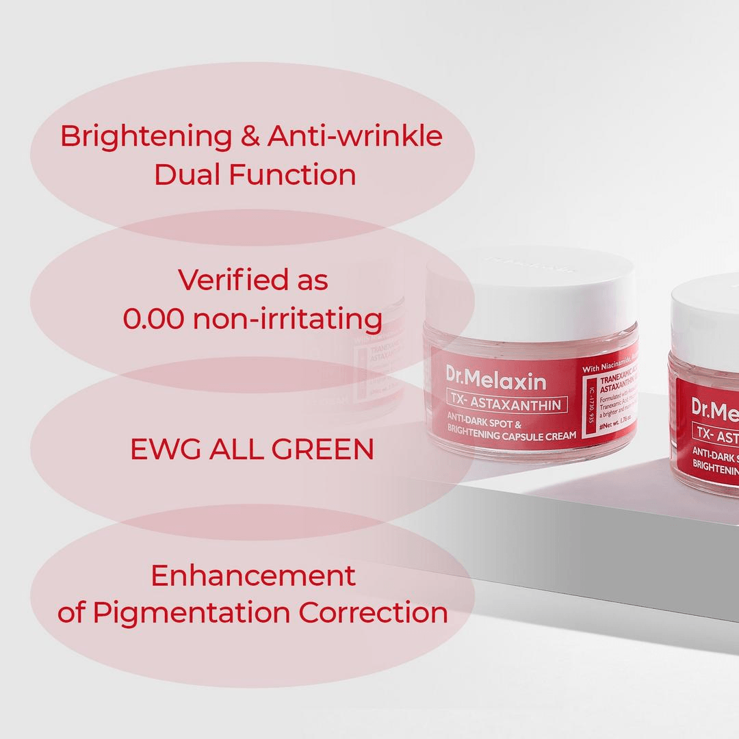 Dr Melaxin TX-Astaxanthin Anti-Dark Spot and Brightening Capsule Cream with brightening and anti-wrinkle benefits.