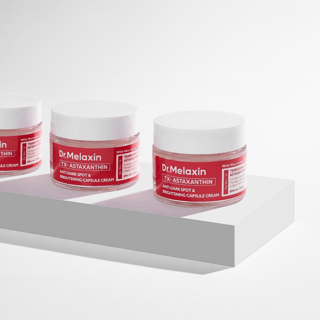 Dr Melaxin TX-Astaxanthin Anti-Dark Spot and Brightening Capsule Cream on display for skin brightening.
