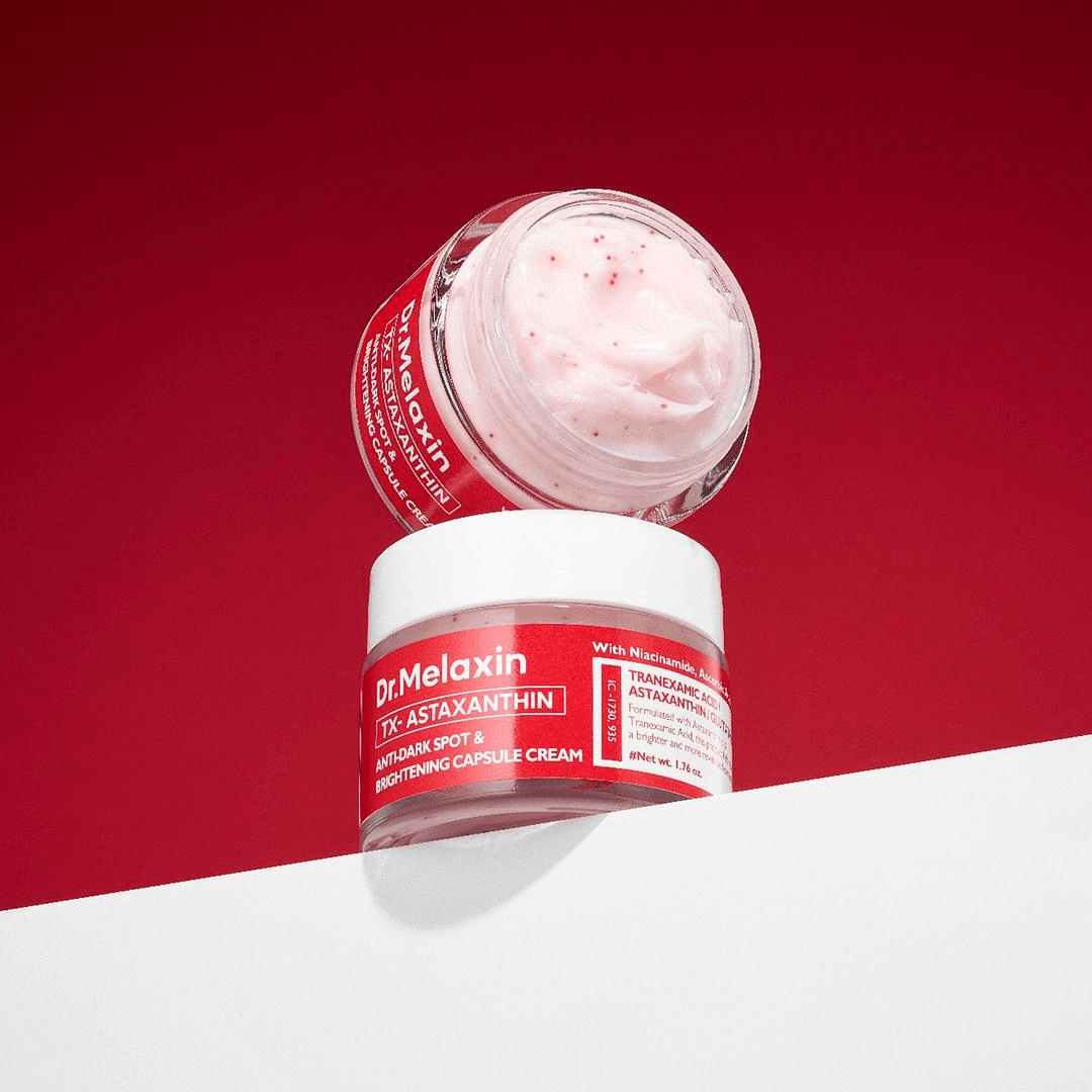 Dr Melaxin TX-Astaxanthin Anti-Dark Spot and Brightening Capsule Cream in jars with red background.