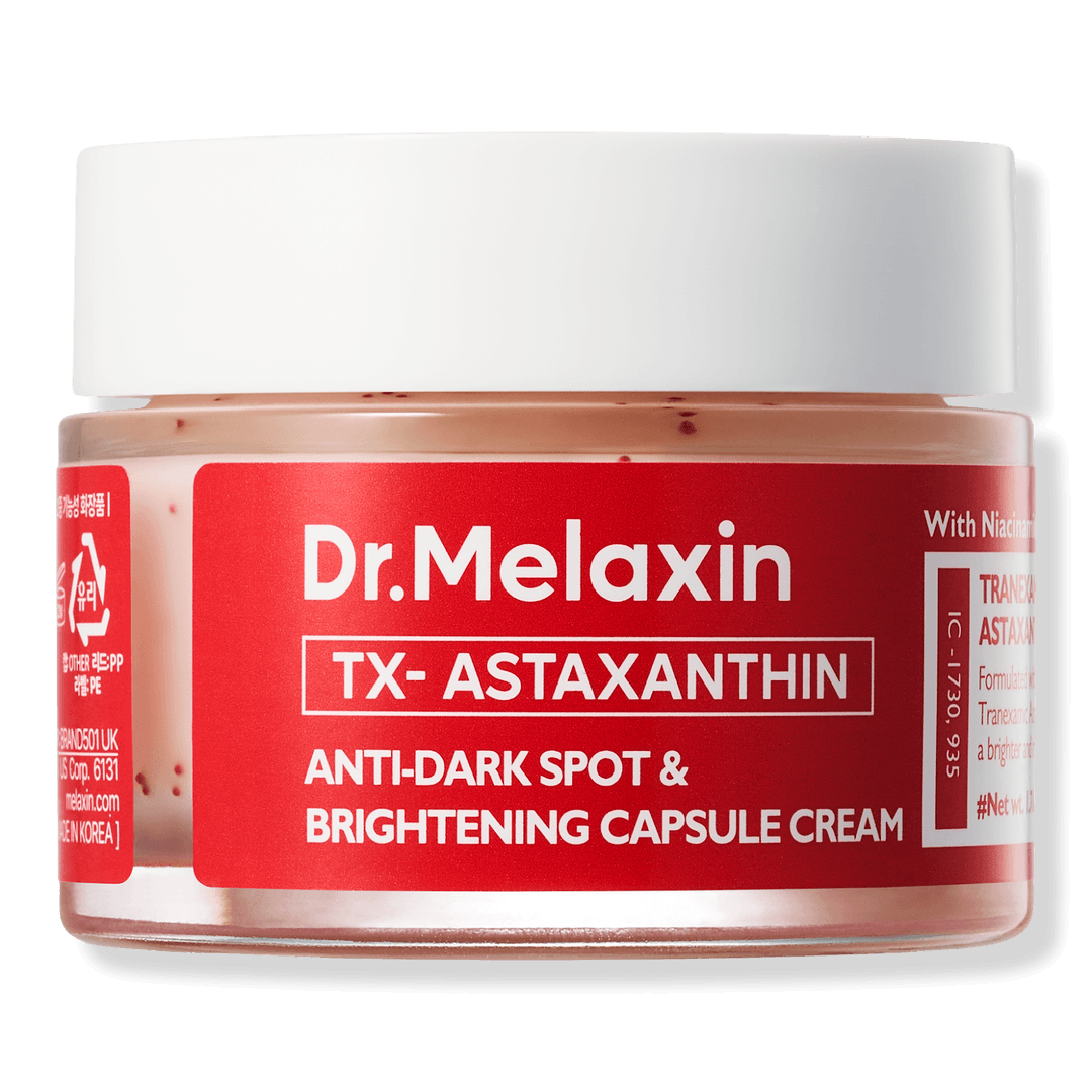 Dr Melaxin TX-Astaxanthin Anti-Dark Spot and Brightening Capsule Cream in a jar for brightening skin.