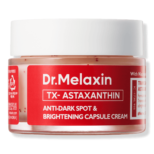Dr Melaxin TX-Astaxanthin Anti-Dark Spot and Brightening Capsule Cream in a jar for brightening skin.