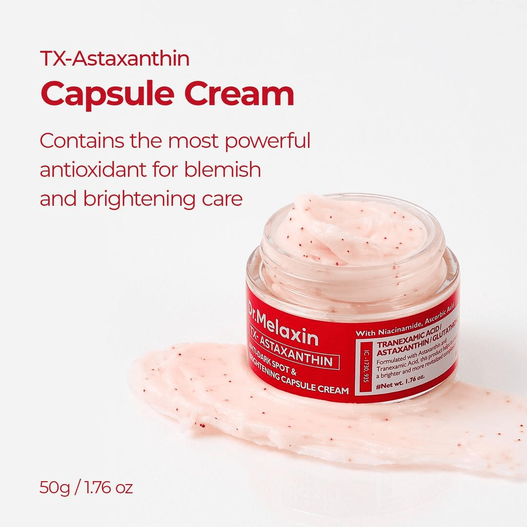 Dr Melaxin TX-Astaxanthin Anti-Dark Spot and Brightening Capsule Cream in a jar with cream texture.