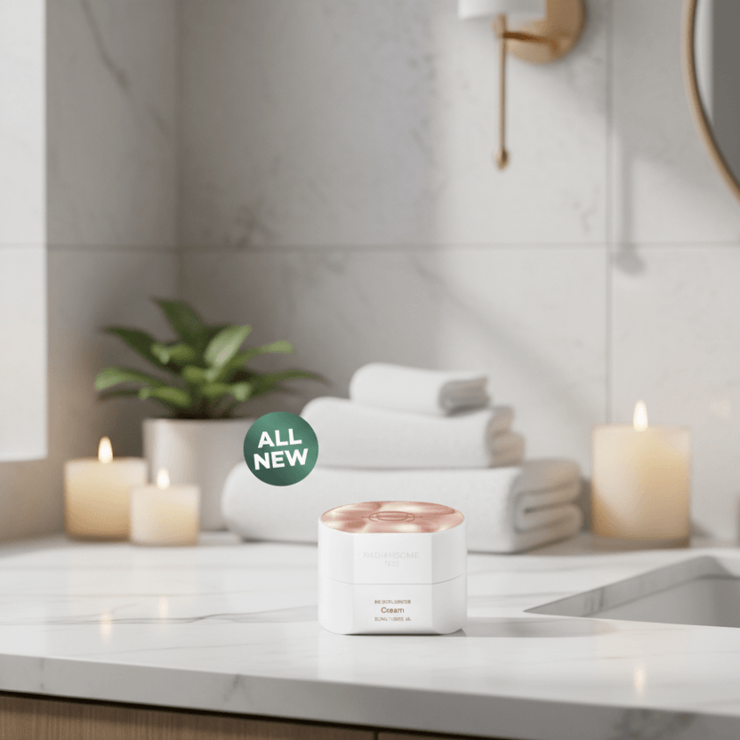 ICD Radiansome 100 Microfluidizer Cream displayed in a modern bathroom setting with candles and towels.