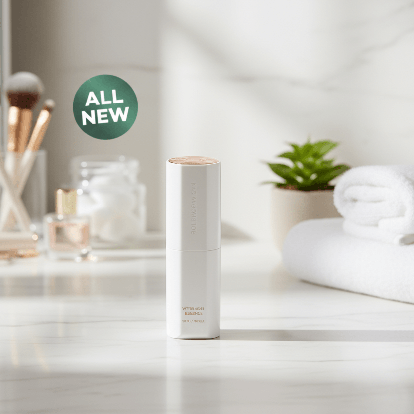 ICD Radiansome 100 Microfluidizer Essence bottle on a marble countertop with spa items and a plant in the background.