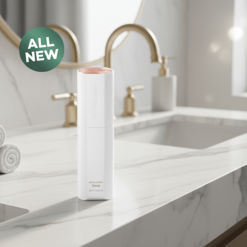 ICD Radiansome 100 Microfluidizer Toner displayed in a bathroom setting with a marble countertop.