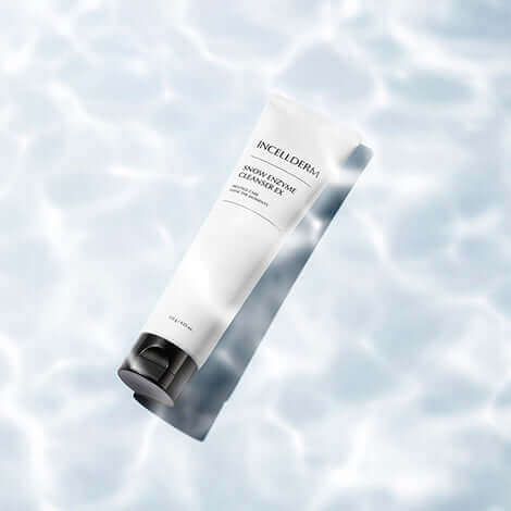 Riman Incellderm Snow Enzyme Cleanser EX in a sleek tube, featuring a snowy background for a fresh cleansing experience.