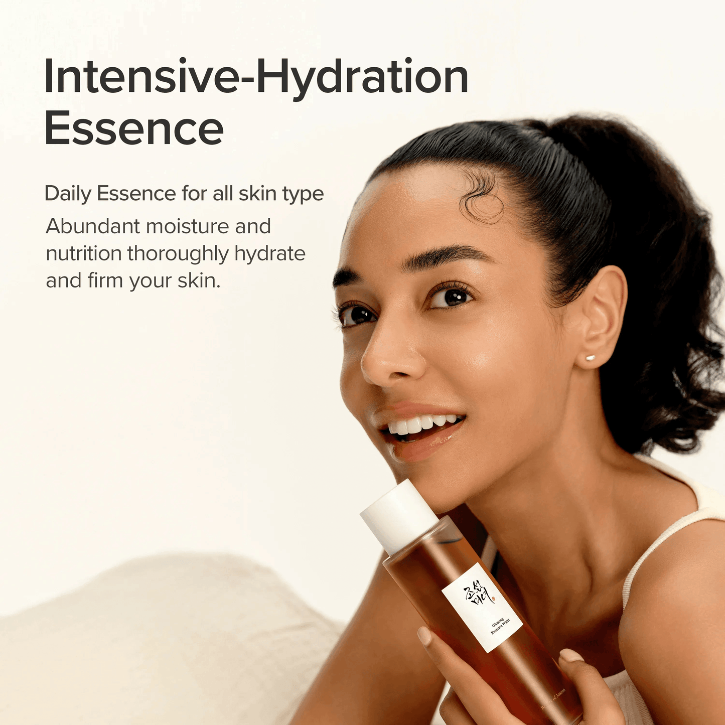 Beauty of Joseon Ginseng Essence Water in a woman's hand, part of Korean skincare routine for hydrated skin.