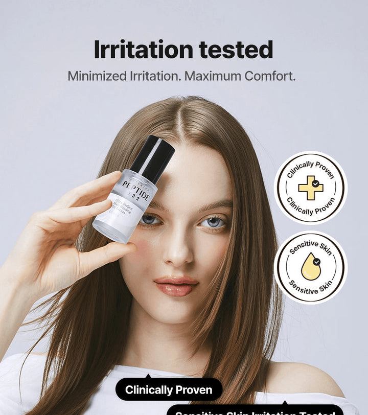 COSRX PEPTIDE-132 Ultra Perfect Hair Bonding Oil Serum | Korean Hair Care on model with irritation-tested label.