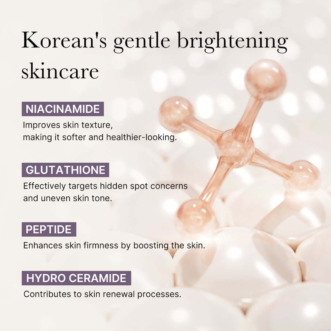 Korean skin care products showcasing key ingredients for brightening skin, including niacinamide, glutathione, and peptides.