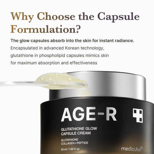 Medicube AGE-R Glutathione Glow Capsule Cream in a jar with a spoon highlighting Korean skin care products.