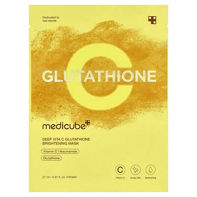 Medicube Deep Vita C Glutathione Brightening Beauty Mask packaging showcasing Vitamin C and Glutathione benefits.