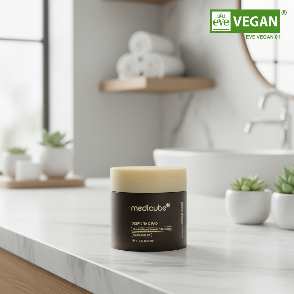 Medicube Deep Vita C Pads on a marble countertop, highlighting Korean skin care products for brighter skin.