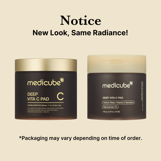 Medicube Deep Vita C Pads showcases new packaging, enhancing brightening benefits in Korean skin care products.