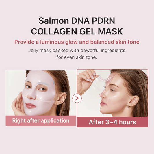 Medicube Salmon PDRN Pink Collagen Jelly Gel Mask before and after application, showing glowing skin results.