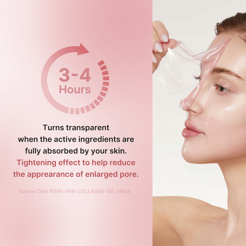 Medicube Salmon PDRN Pink Collagen Jelly Gel Mask user applying a transparent gel mask for improved skin hydration.