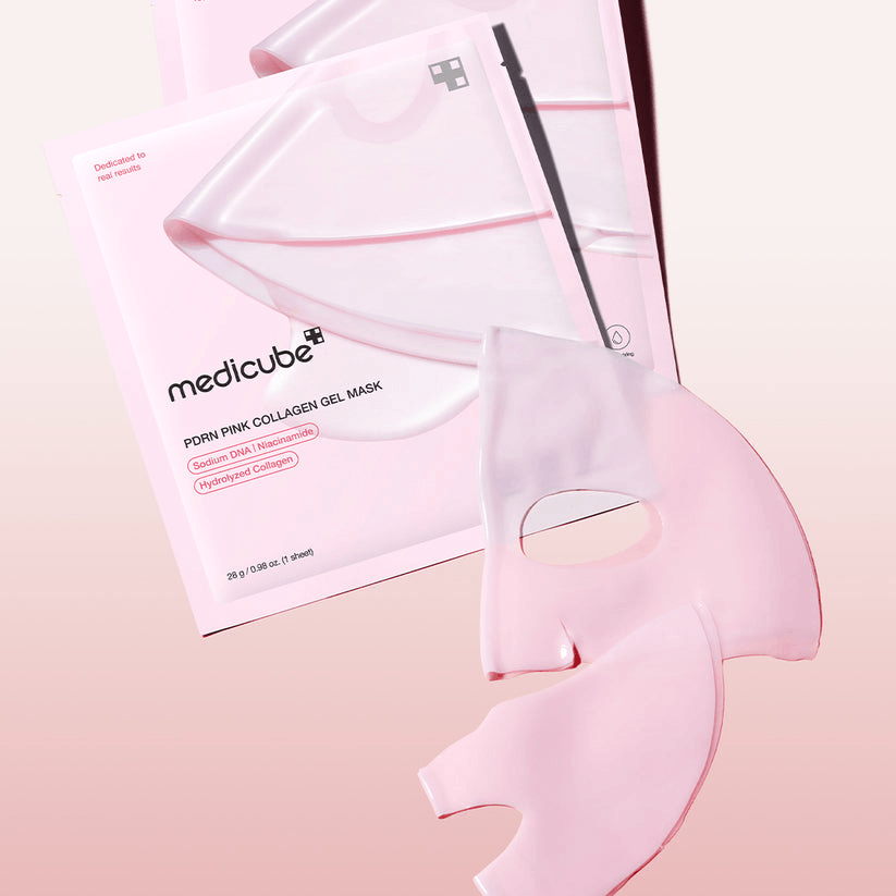 Medicube Salmon PDRN Pink Collagen Jelly Gel Mask packaging and mask on pink background for Korean skin care products.