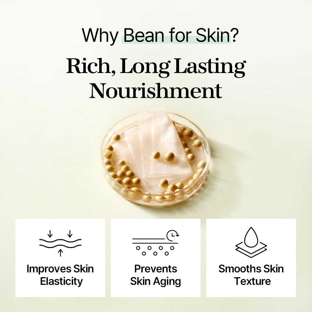 mixsoon Bean Toner Pad with bean ingredients highlighting skin benefits: elasticity, aging prevention, and texture smoothing.