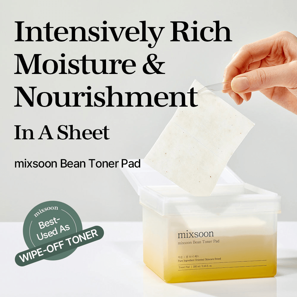 mixsoon Bean Toner Pad with text highlighting intensively rich moisture and nourishment in a sheet