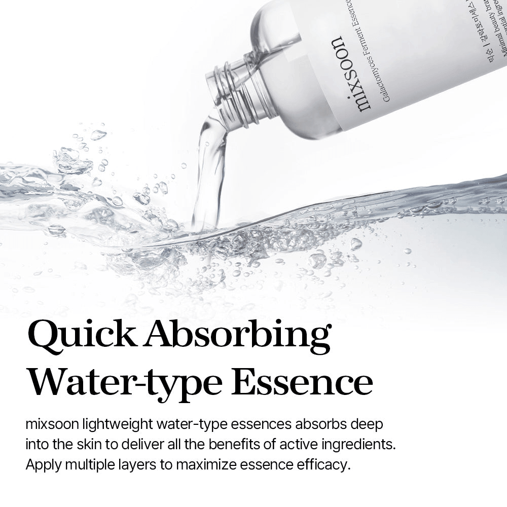 mixsoon Galactomyces Essence in a bottle pouring into water, showcasing its quick-absorbing water-type formula.