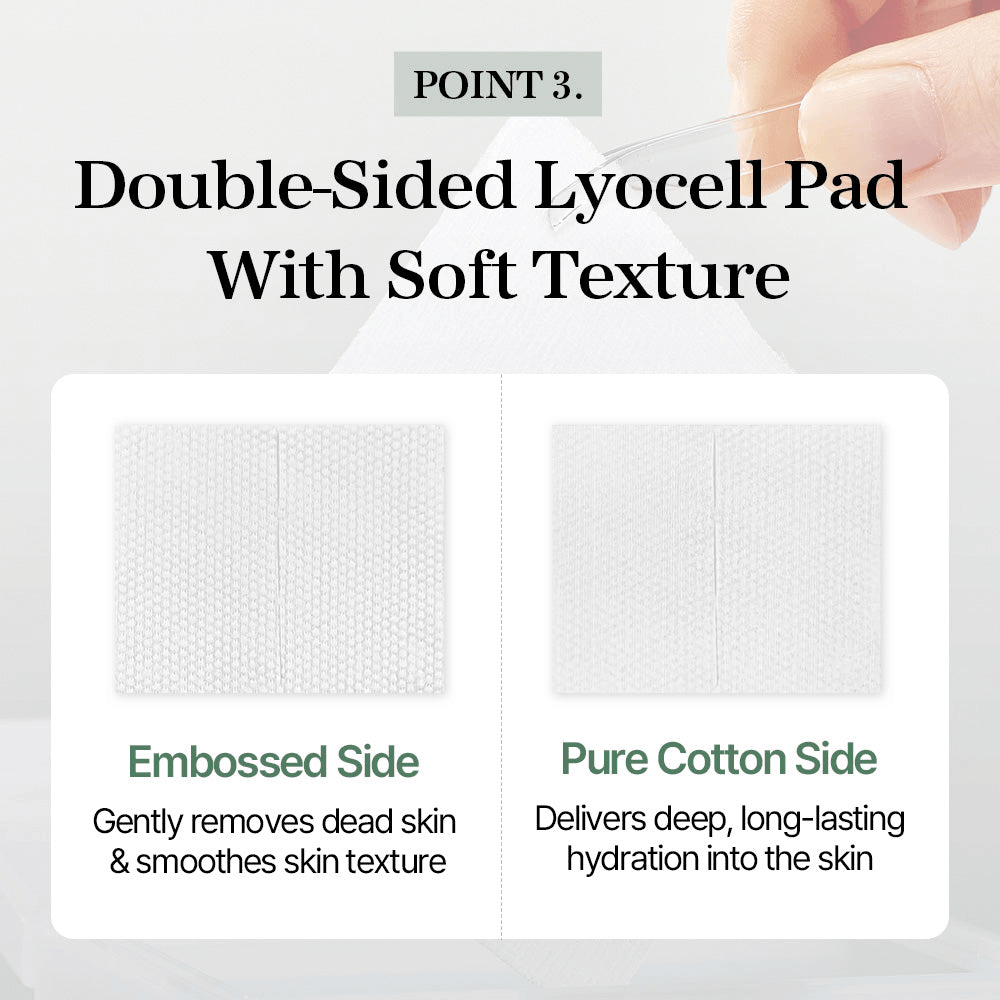 Double-sided lyocell pad with embossed and pure cotton sides for gentle exfoliation and hydration in mixsoon Galactomyces Toner Pad.