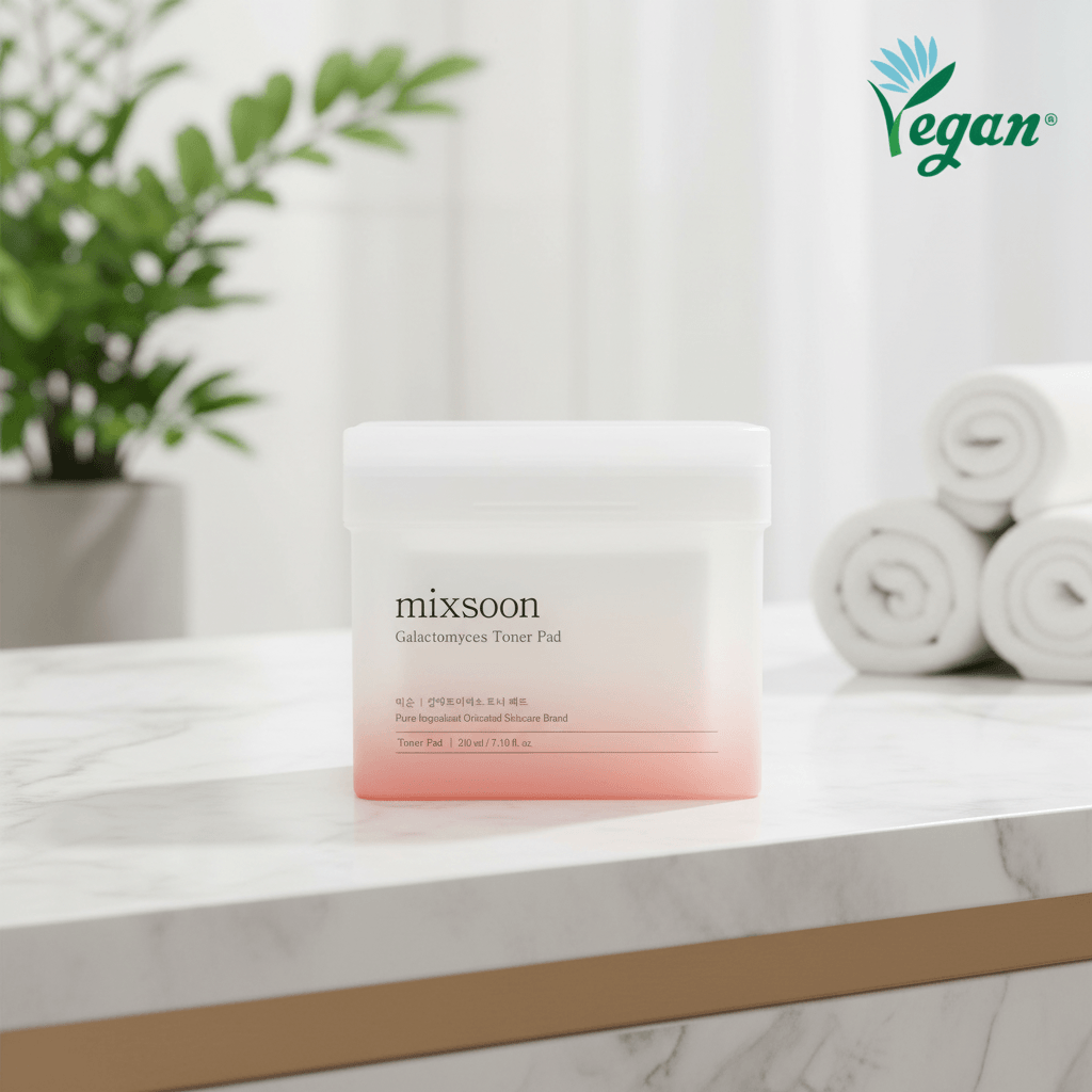 mixsoon Galactomyces Toner Pad packaging for brightening and hydrating skin, vegan skincare product.
